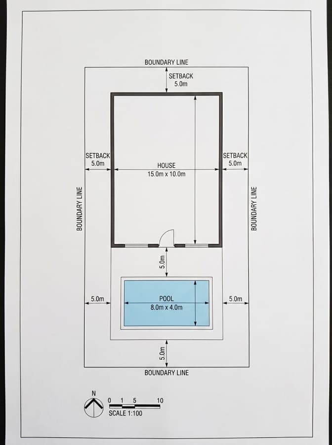 Plan de masse avec la piscine et les reculs cotés au PLU